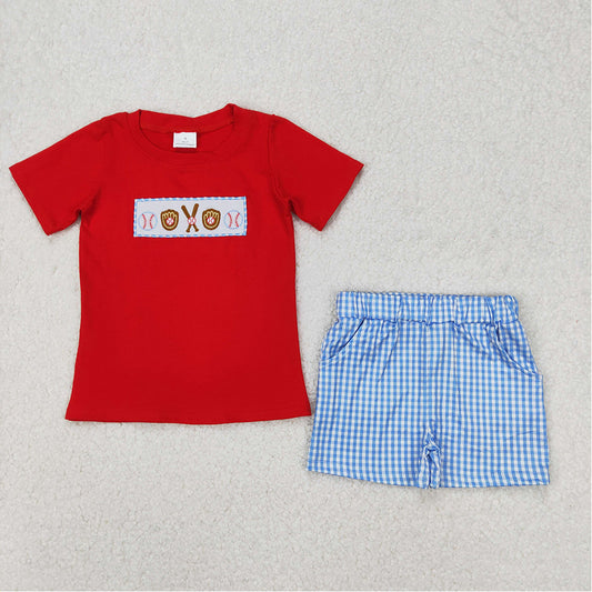 BSSO1283  Embroidery Baby Boys Red Baseball Top Shorts Clothes Set   D 3.21