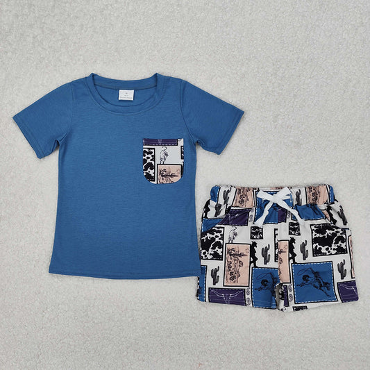 BSSO1286  Baby Boys Western Blue Pocket Top Rodeo Shorts Clothes Sets D 3.10
