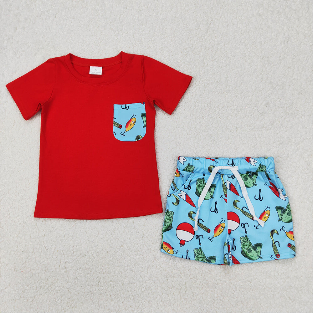 BSSO1289 Baby Boy Red Fishing Shorts Set