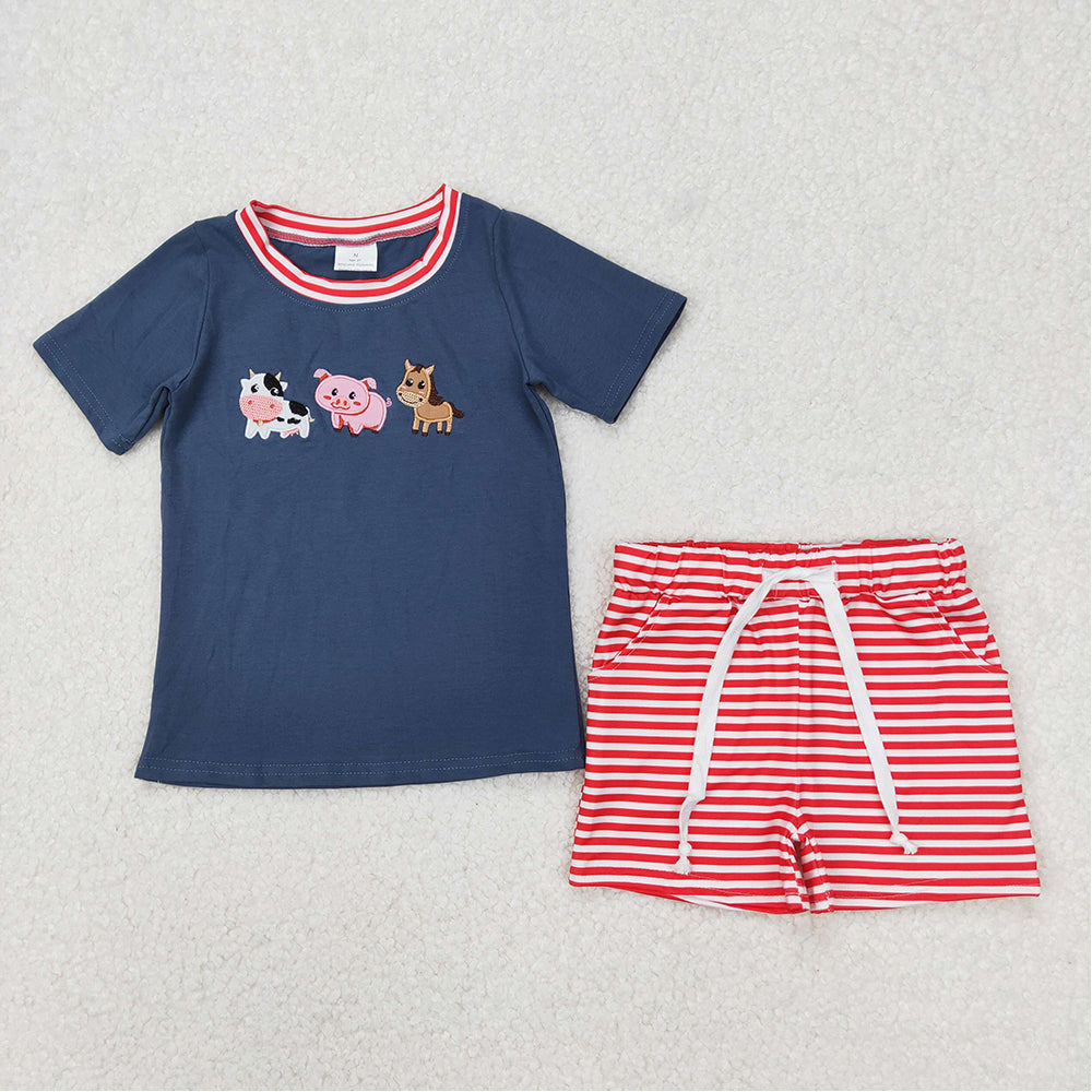 BSSO1295  Baby Boys Navy Farm Animal Embroidery Shorts Set