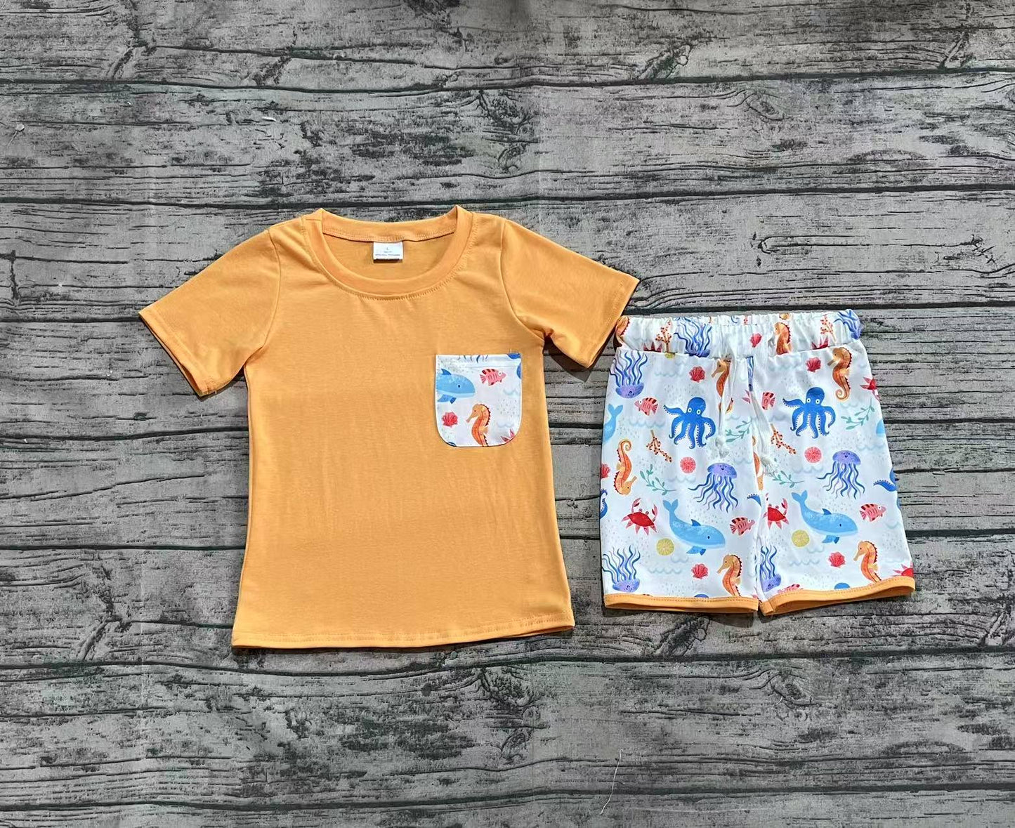 BSSO1299  Baby Boys Orange Pocket Top Sea Animals Shorts Clothes Sets D 3.27