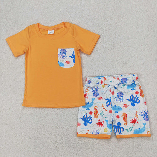 BSSO1299  Baby Boys Orange Pocket Top Sea Animals Shorts Clothes Sets D 3.27
