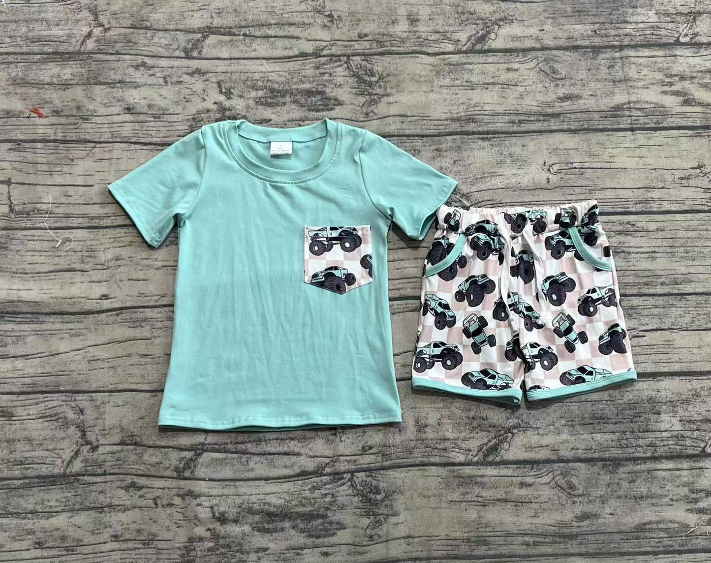 BSSO1316 Baby Boys Light Green Pocket Top Khaki Trucks Shorts Clothes Sets  D 4.7
