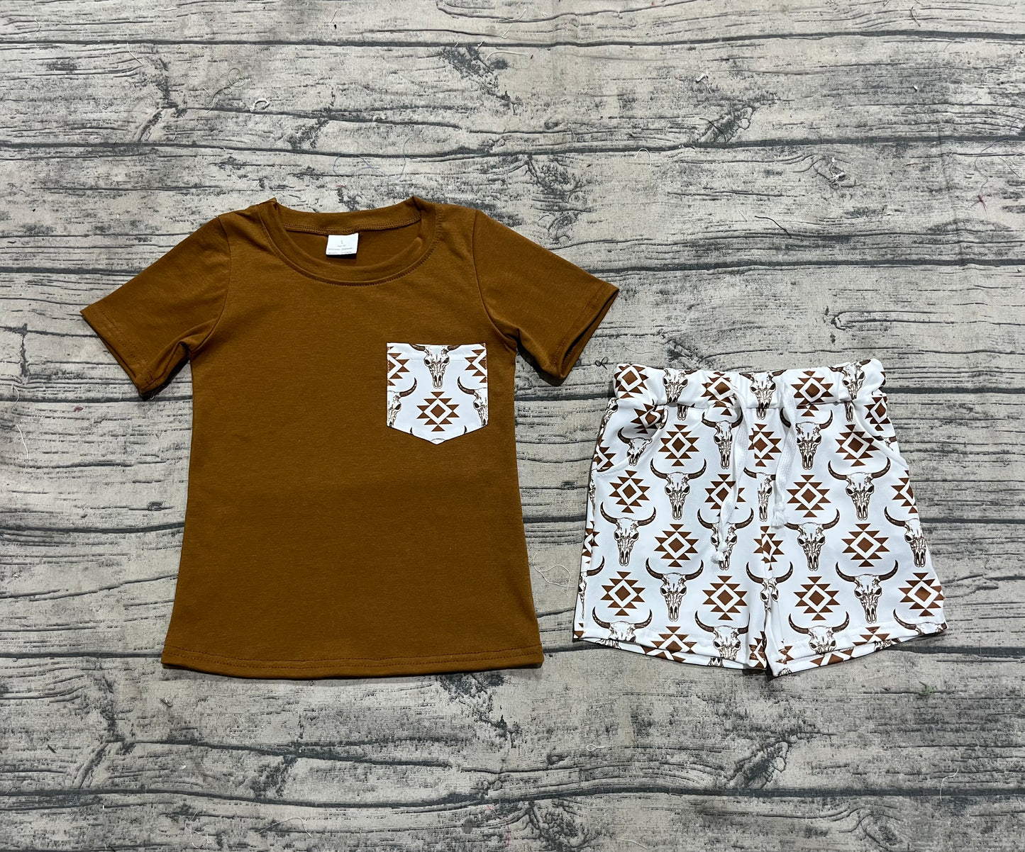 BSSO1319  Baby Boys Brown Pocket Top Aztec Cow Shorts Clothes Sets  D 4.14