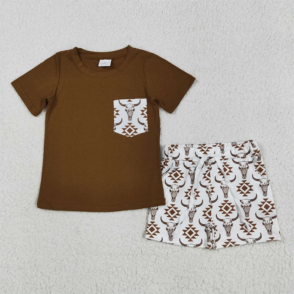 BSSO1319  Baby Boys Brown Pocket Top Aztec Cow Shorts Clothes Sets  D 4.14