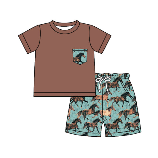 presale BSSO1321  Horse Pocket Brown Short Sleeve Shorts Set D 2.11