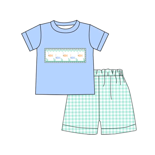 presale BSSO1323 Baby Boys Green Fishes Top Checkered Shorts Clothes Sets  D 2.11
