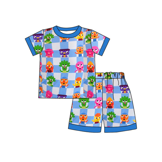 presale BSSO1325 Baby Girls Blue Checkered Cartoon Top Shorts Pajamas Clothes Sets D 2.12