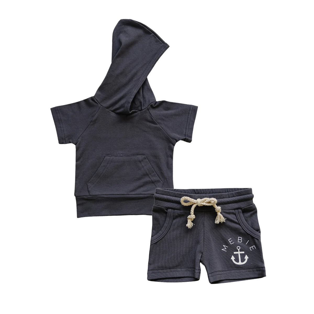 presale BSSO1326 Nautical Pattern Dark Grey Pocket Hooded Short Sleeve Shorts Set  D 2.12