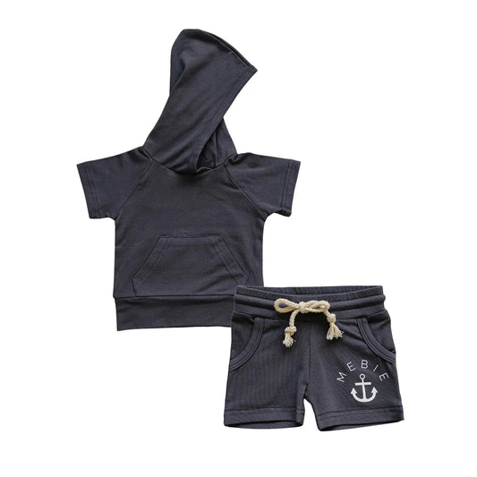 presale BSSO1326 Nautical Pattern Dark Grey Pocket Hooded Short Sleeve Shorts Set  D 2.12