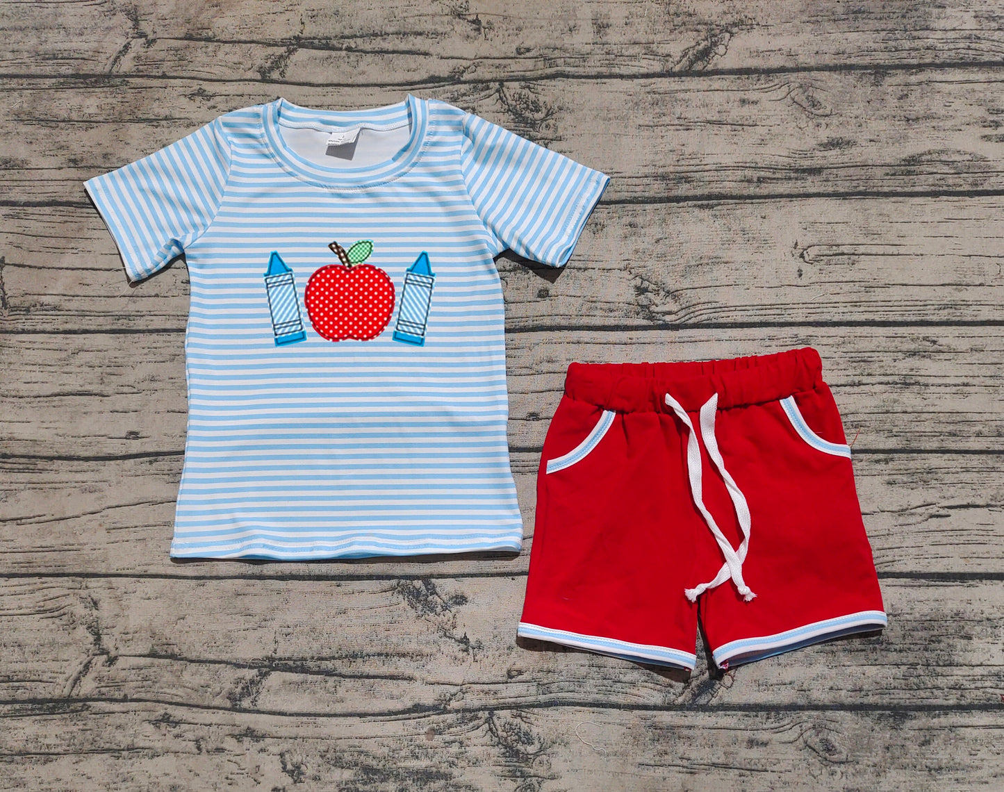 BSSO1328 Baby Boys Embroidery Back To School Pencils Blue Top Shorts Clothes Sets  D 4.4