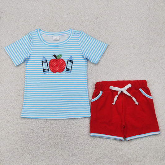 BSSO1328 Baby Boys Embroidery Back To School Pencils Blue Top Shorts Clothes Sets D 4.4
