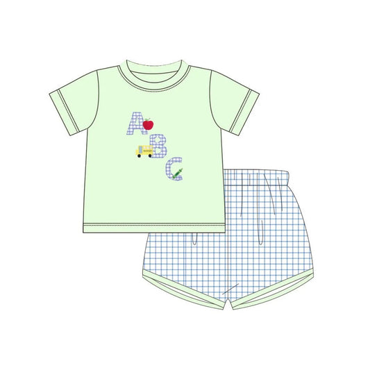 presale BSSO1329 Back to school Apple Pencil Light Green Short Sleeve Blue Plaid Shorts Set D 2.13