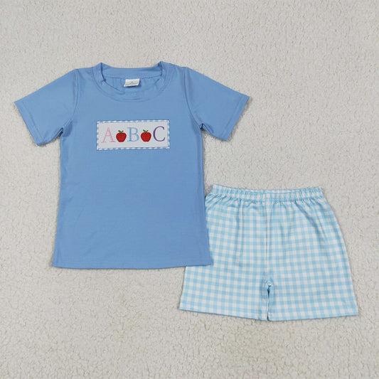 BSSO1331 Baby Boys Blue Embroidery Apple ABC Top Plaid Shorts Back To School Clothes Sets D 5.7