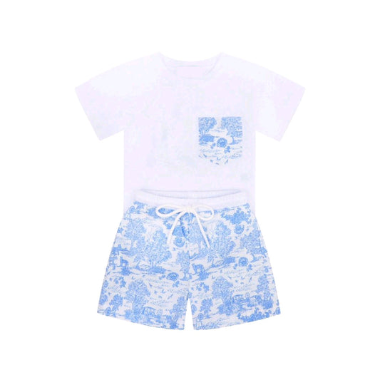 presale BSSO1333 Blue Tree Pattern Pocket White Short Sleeve Shorts Set D 2.13