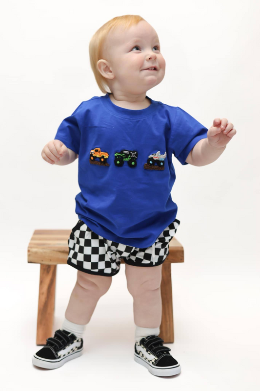 presale BSSO1334 Cartoon Car Blue Short Sleeve Checkerboard Black Plaid Shorts Set D 2.13