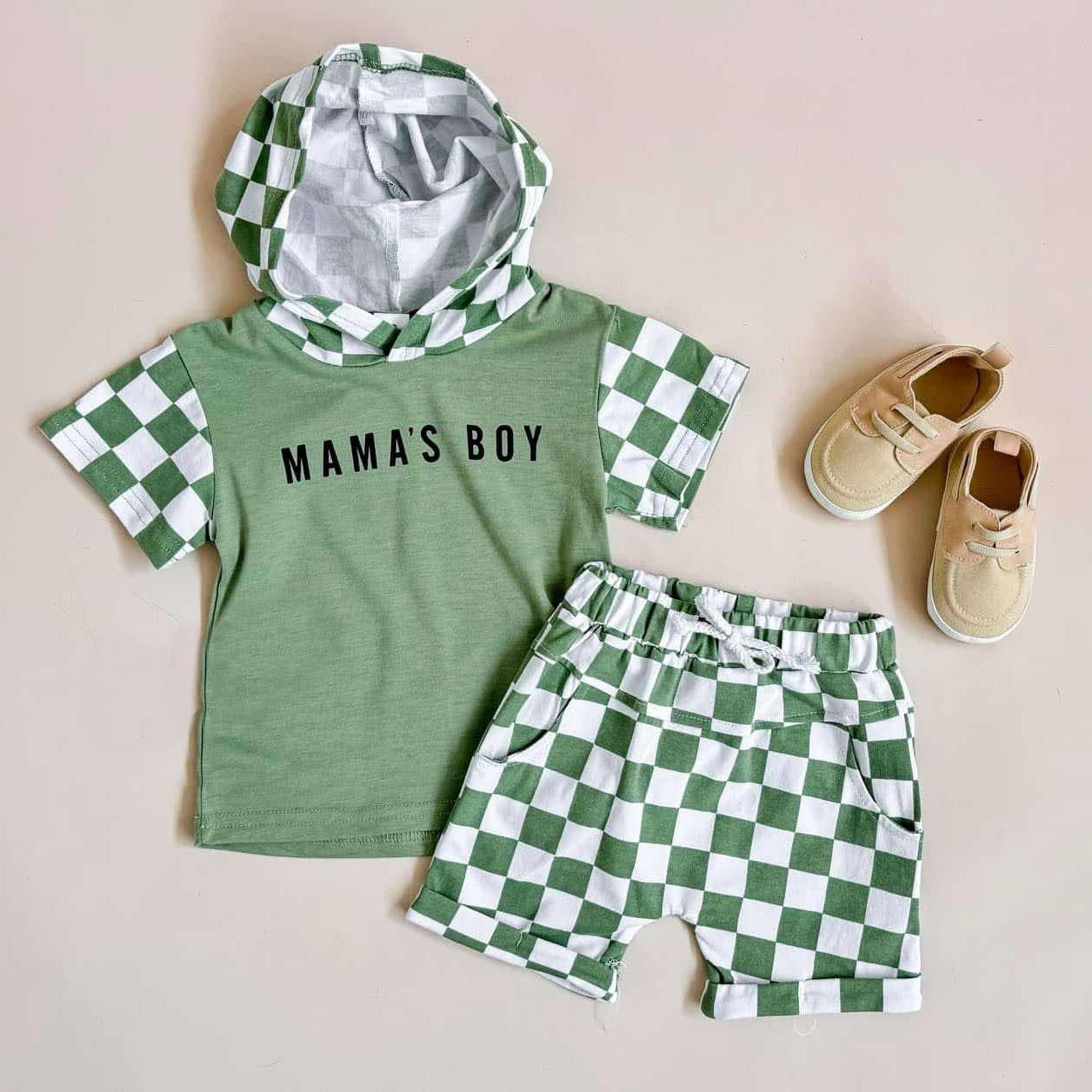 presale BSSO1343 Baby Boys Mama's Boy Hooded Tops Checkered Shorts Clothes Sets   2025 2.17