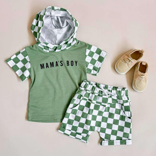presale BSSO1343 Baby Boys Mama's Boy Hooded Tops Checkered Shorts Clothes Sets   2025 2.17