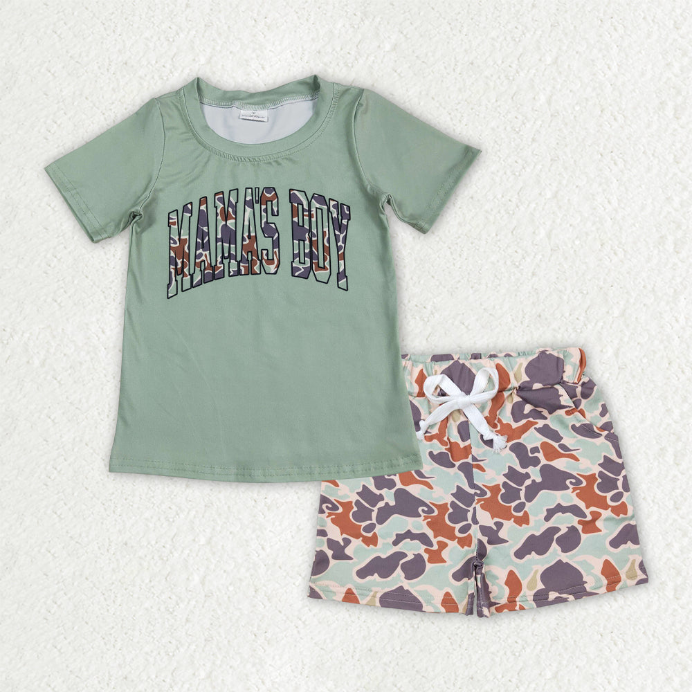 BSSO1344  Baby Boys Green Camo Mama's Boy Top Pockets Shorts Clothes Sets D 5.24