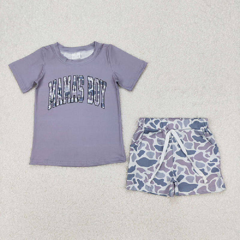 BSSO1347  Baby Boys Grey Mama's Boy Tops Camouflage Shorts Clothes Sets  D 816
