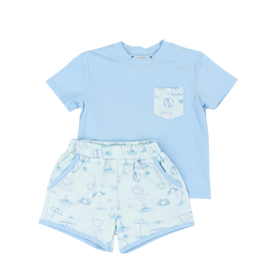 Custom BSSO1349 Crab Beach Ball Pocket Blue Short Sleeve Shorts Set D 5.20