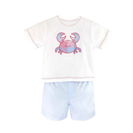 presale BSSO1350 Plaid Crab White Short Sleeve Blue Shorts Set   D 2.18