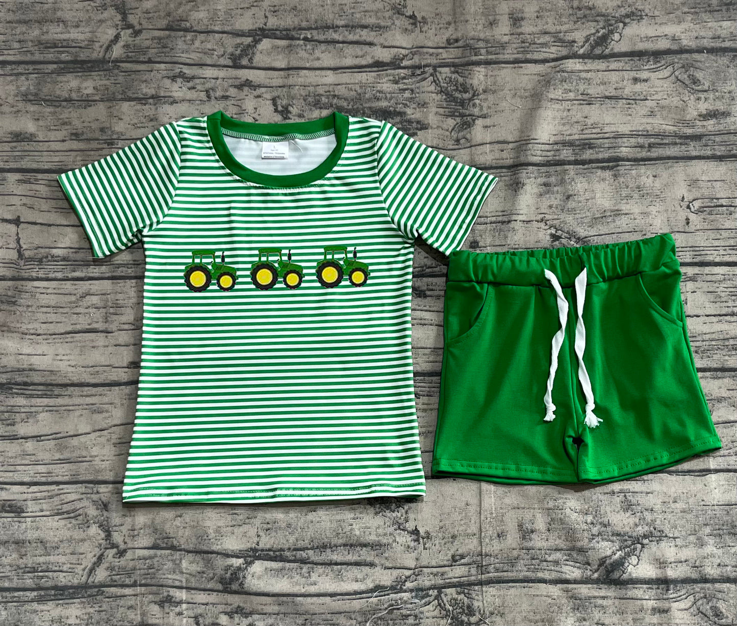 BSSO1374 Embroidery Baby Boys Green Farm Trucks Tops Pockets Shorts Clothes Sets D 5.9