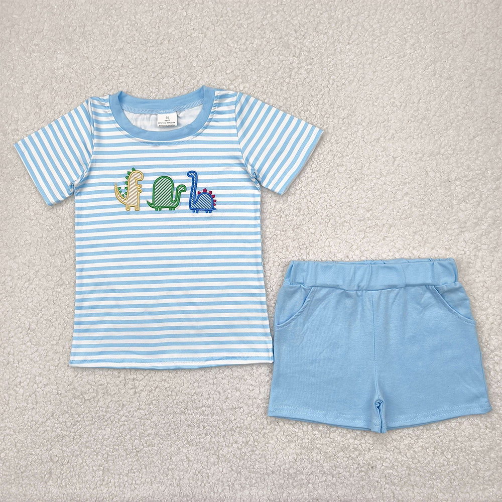 BSSO1375  Embroidery Blue Dinosaur Shorts Set