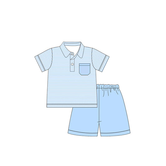 presale BSSO1392  Baby Boys Blue Stripes Pullover Top Shorts Clothes Sets  D 3.5