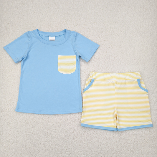 BSSO1393 Yellow green striped pocket blue short-sleeved shorts set  D 4.7