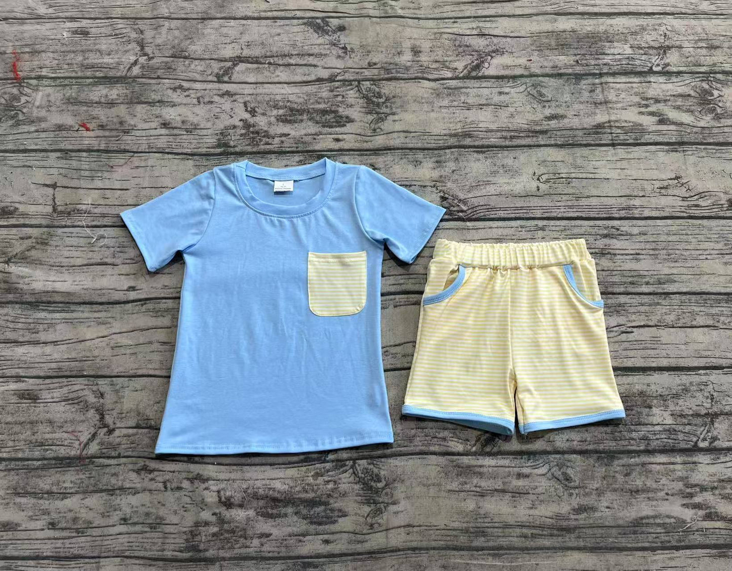 BSSO1393 Yellow green striped pocket blue short-sleeved shorts set  D 4.7