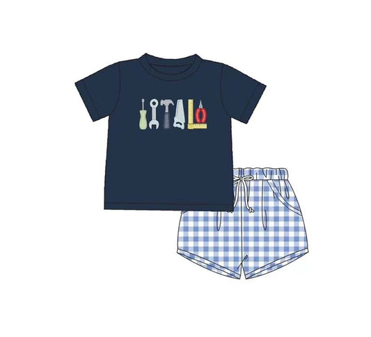presale BSSO1394 Baby Boys Tools Tee Shirts Tops Checkered Shorts Clothes Sets D 3.5