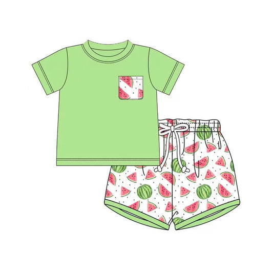 presale BSSO1395 Baby Boys Watermelon Pocket Tee Shirts Shorts Clothes Sets D 3.5