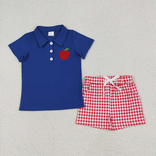 BSSO1397 back to school blue red apple shorts set