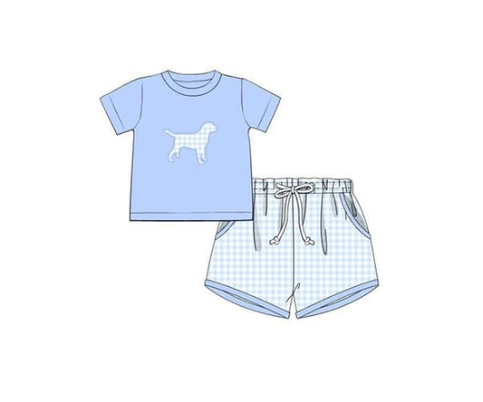 presale  BSSO1398  Baby Boys Blue Dog Shirt Checkered Shorts Clothes Sets  D 3.4