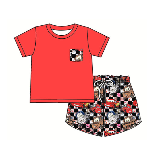 presale BSSO1400 Baby Boys Pocket Top Black Checkered Cartoon Cars Shorts Clothes Sets D 3.4