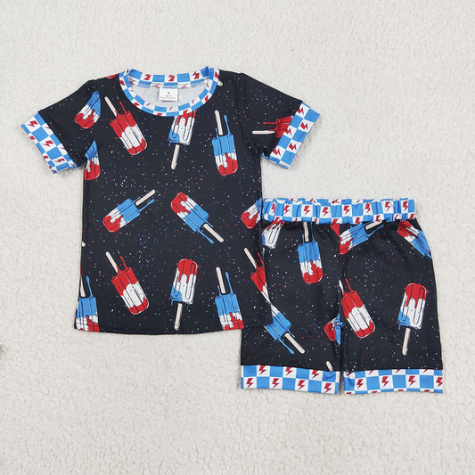 BSSO1401  Baby Boys Black Short Sleeves Popsicle Shirt Shorts 4th Of July Pajamas Sets  D 5.9