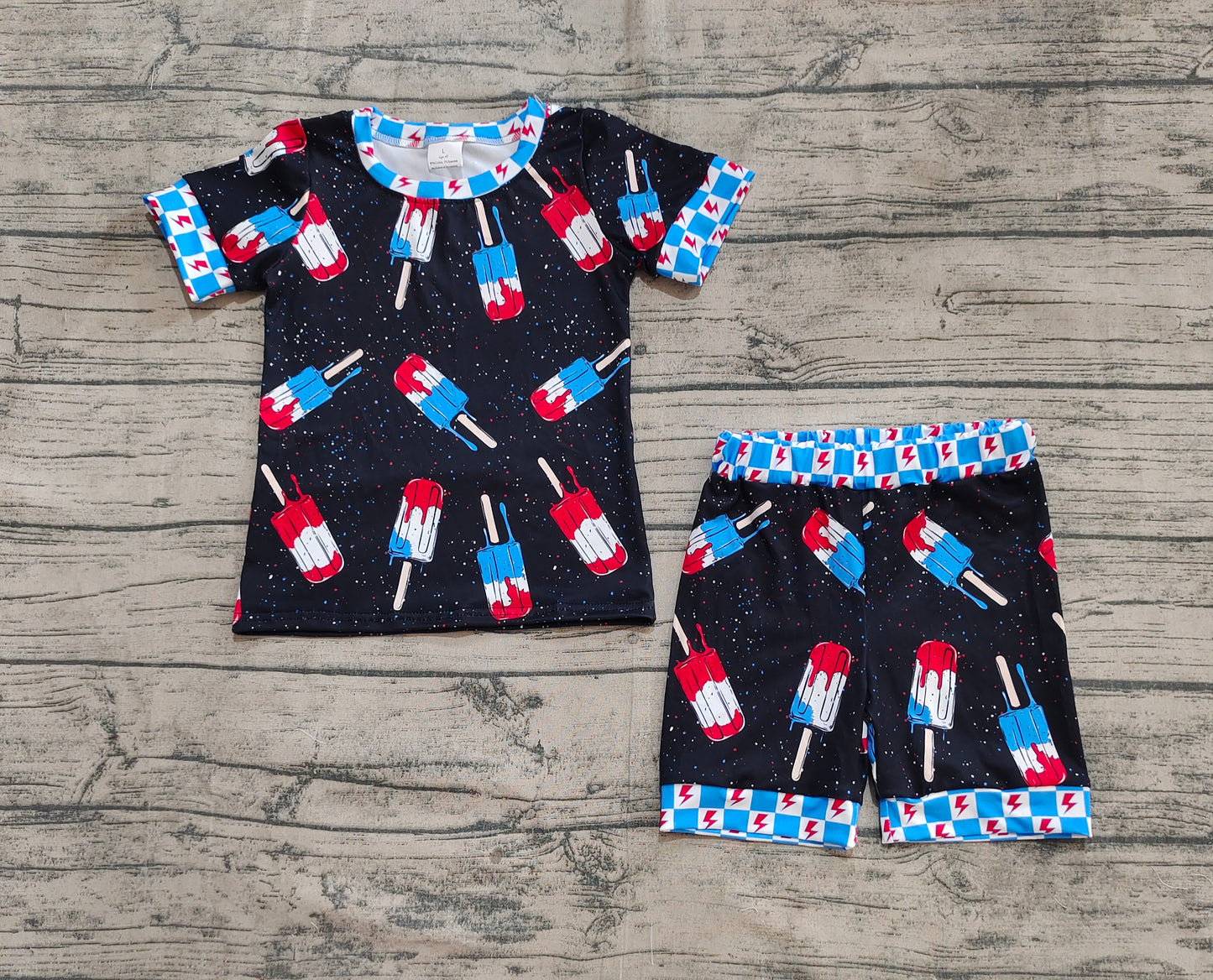 BSSO1401  Baby Boys Black Short Sleeves Popsicle Shirt Shorts 4th Of July Pajamas Sets  D 5.9