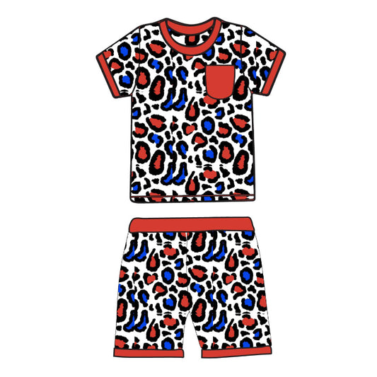 presale BSSO1402 Baby Boys Short Sleeves Colorful Leopard Shirt Shorts Pajamas Clothes Sets D 3.6