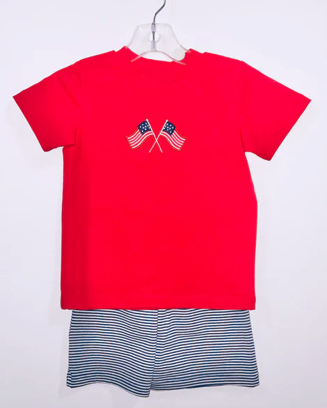 presale BSSO1403  Baby Boys Red Short Sleeves Flag Shirt Black Stripe Shorts 4th Of July Sets   D 3.6