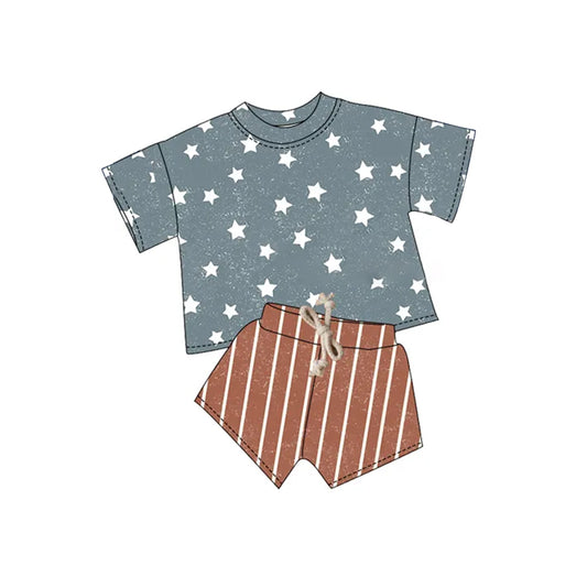 presale BSSO1404 Baby Boys Gray Short Sleeves Stars Shirt Khaki Stripe Shorts 4th Of July Sets D 3.6