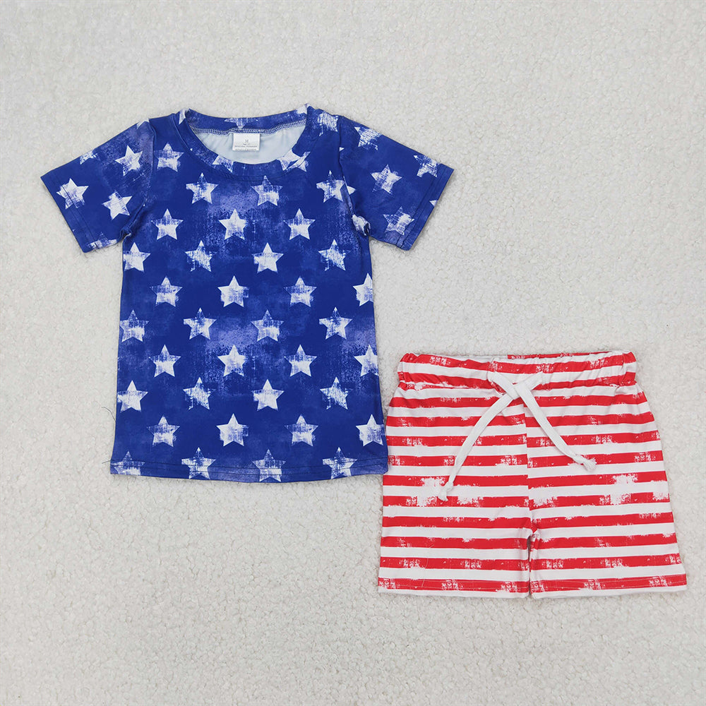BSSO1405 Baby Boys Blue Short Sleeves Stars Shirt Red Stripe Shorts 4th Of July Sets  D 4.1