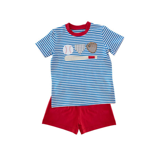 presale BSSO1406  Baby Boys Blue Stripe Short Sleeves Baseballs Shirt Red Shorts Sets  D 3.6