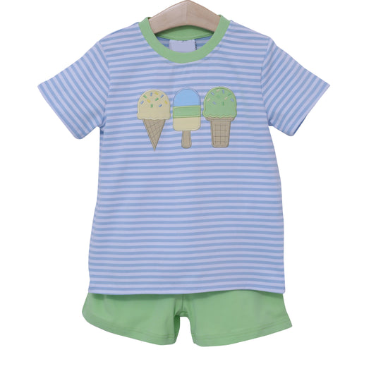 presale BSSO1407 Baby Boys Blue Stripe Short Sleeves Ice Cream Shirt Green Shorts Sets  D 3.6