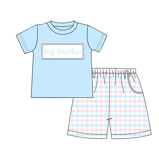 presale BSSO1408 Baby Boys Light Blue Short Sleeves Big Brother Shirt Plaid Shorts Sets D 3.6
