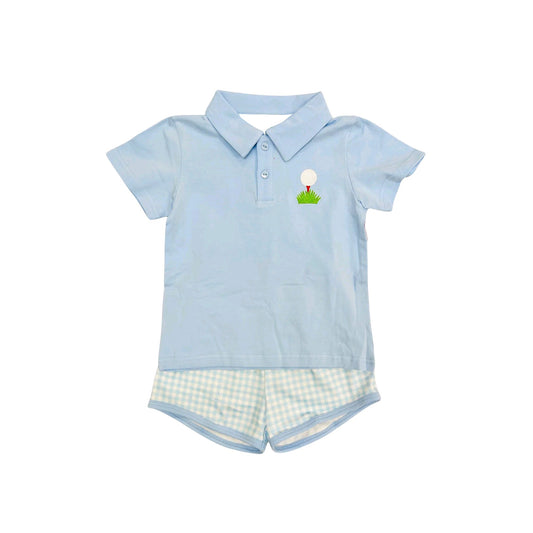 presale BSSO1409 Baby Boys Light Blue Short Sleeves Button Golf Shirt Plaid Shorts Sets D 3.6
