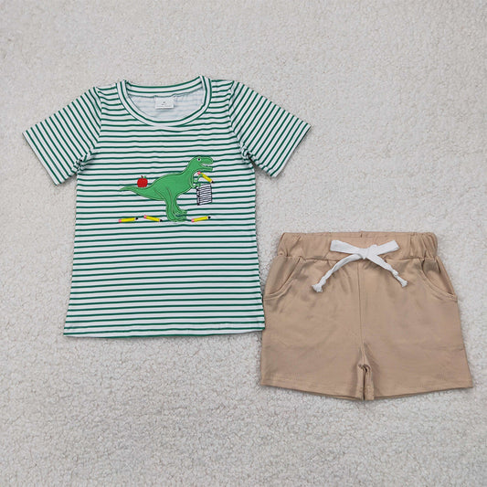 BSSO1416 Embroidery Baby Boys Green Stripe Dinosaur Top Gray Pockets Short Clothes Sets D 819