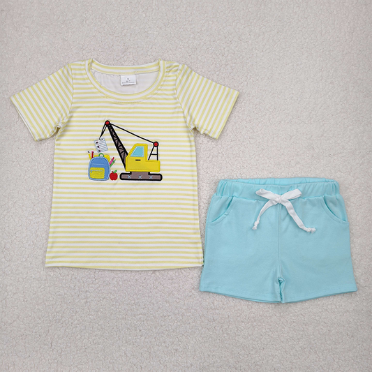 BSSO1417  Embroidery Baby Boys Back To School Excavator Shirts Top Blue Pockets Shorts Sets D 4.7