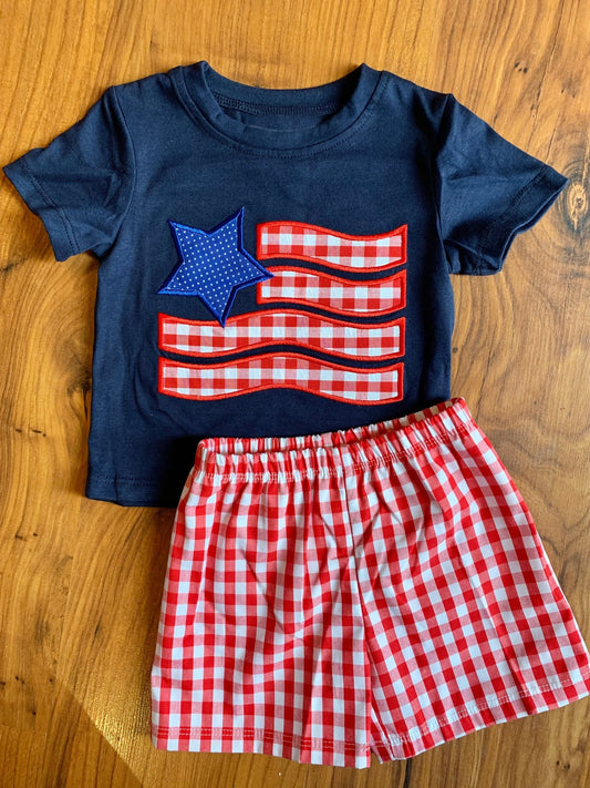 preorder BSSO1419 Baby Boys Navy Short Sleeves Stars Top Red Plaid Short 4th Of July Clothes Set  D 3.12