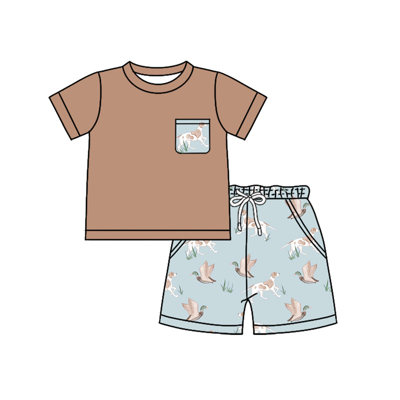 BSSO1420  Baby Boys Khaki Short Sleeves Pocket Top Ducks Dogs Short Clothes Set  D 3.31